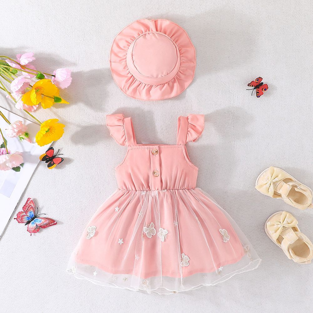 Sugar Rush - 2pc-Set - Butterfly Detail Flare Dress With Hat - Pink