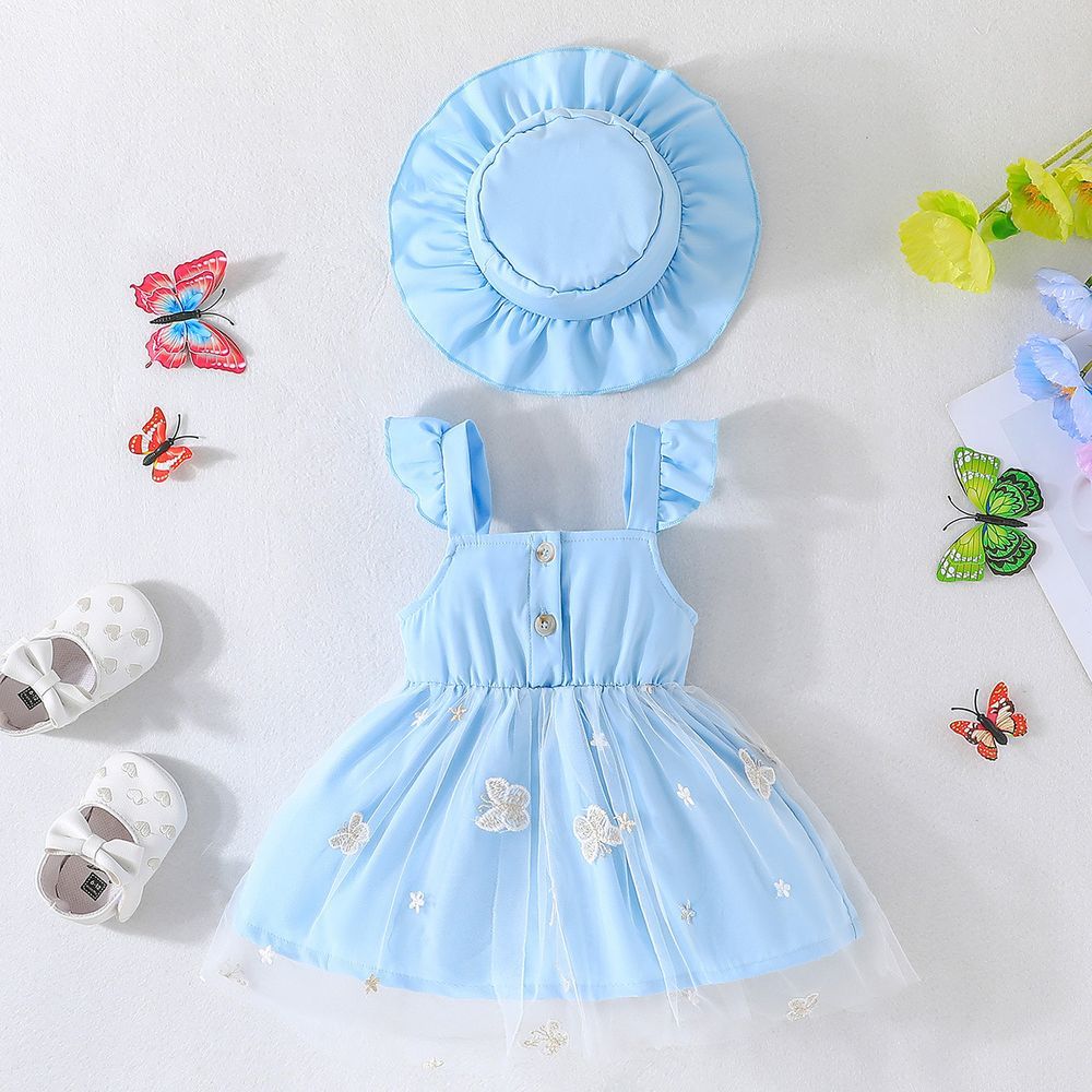 Sugar Rush - 2pc-Set - Butterfly Detail Flare Dress With Hat - Blue