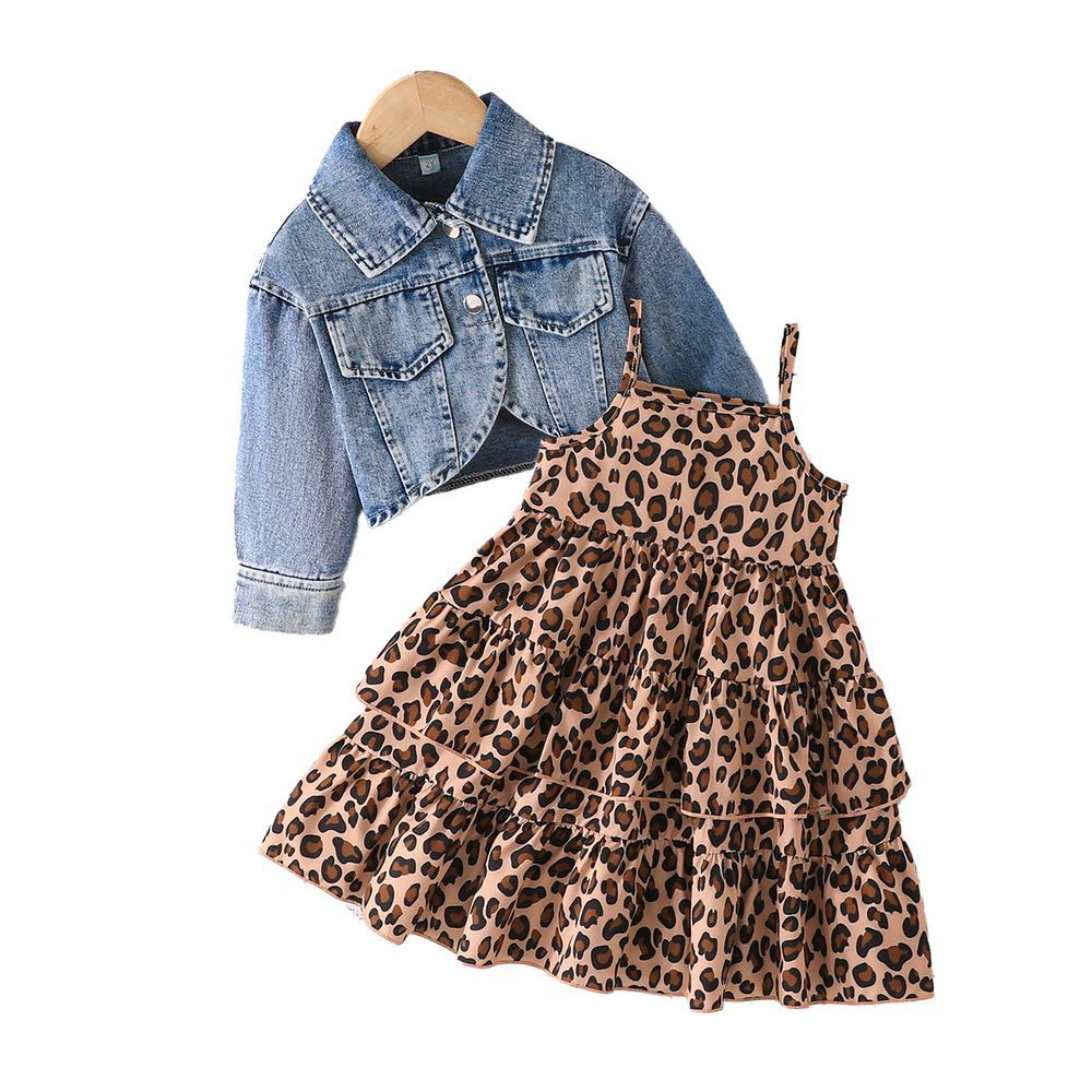 Sugar Rush - 2pc-Set - Girl's Polka Dotted Dress With Denim Jacket - Brown/Blue