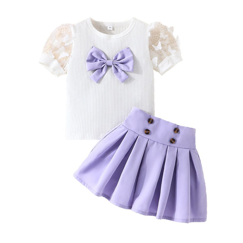 Sugar Rush - 2pc-Set - Girls' Lace Detail Top & Skirts - White/Purple