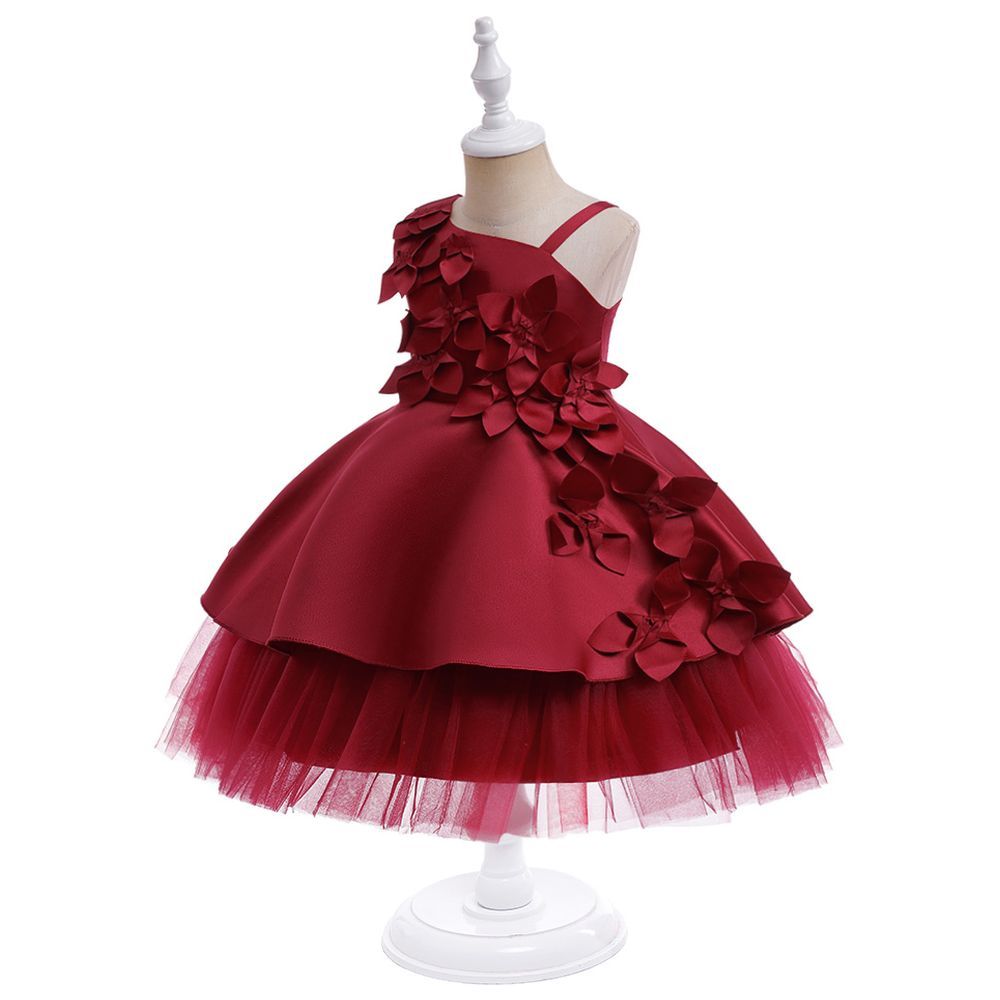 Sugar Rush - Flower Appliqued Party Dress - Maroon