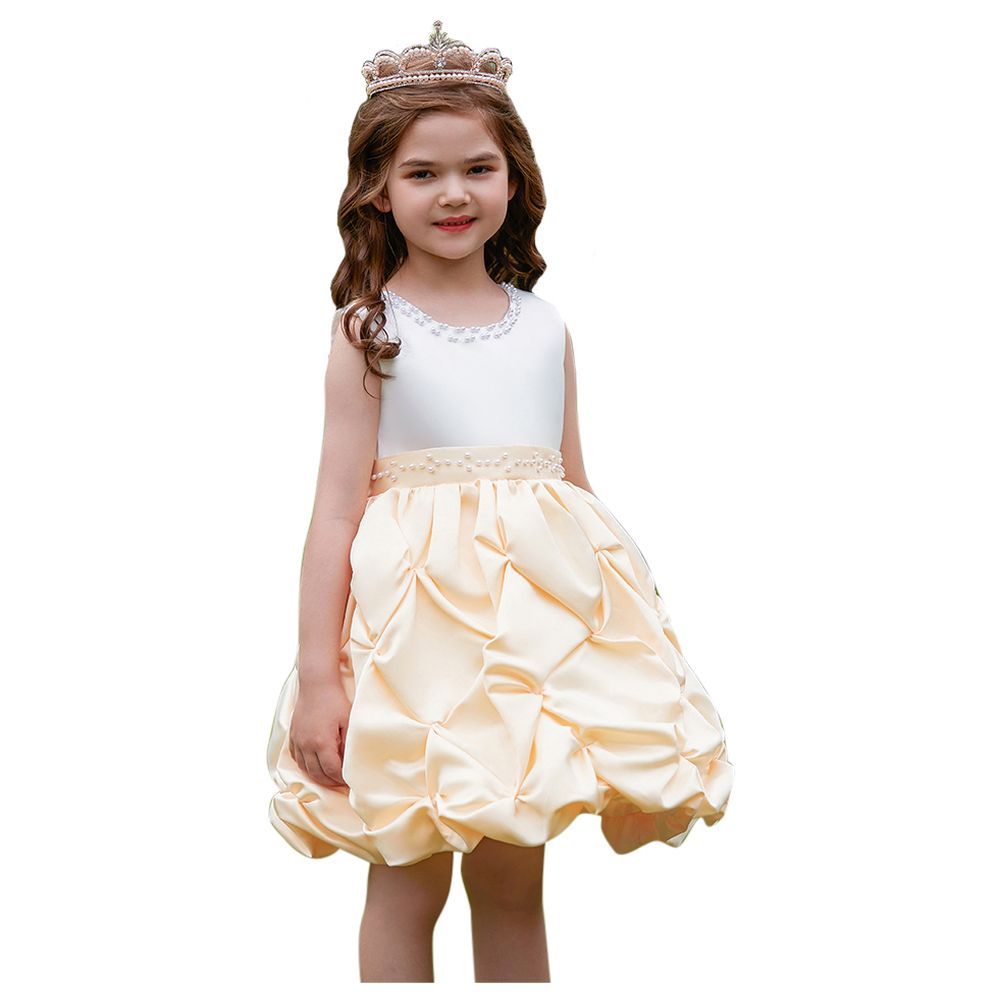 Sugar Rush - Appliqued Pearl Sleeveless Party Dress - Champagne