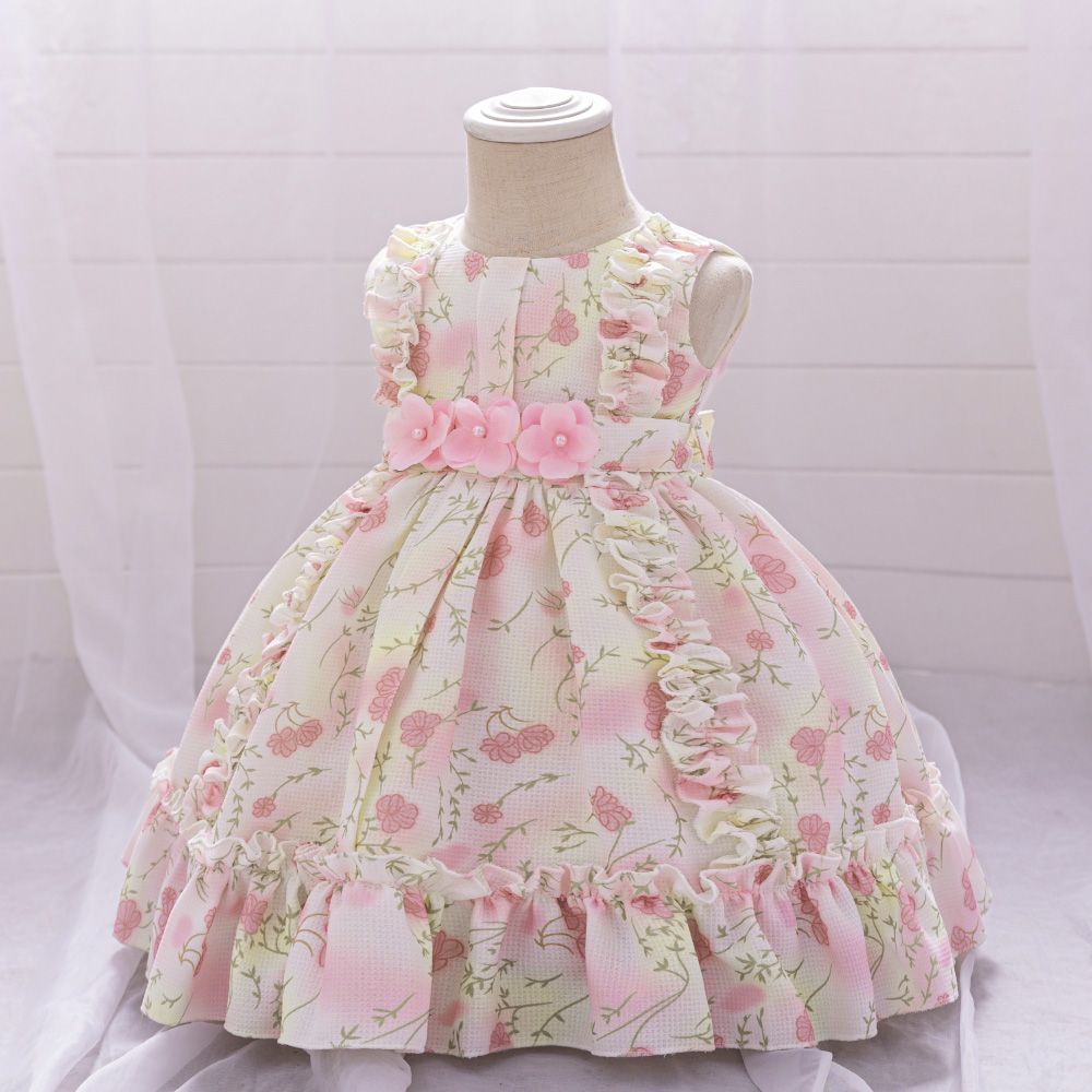 Sugar Rush - Floral Regular Round Neck Sleeveless Party Dress - Pink