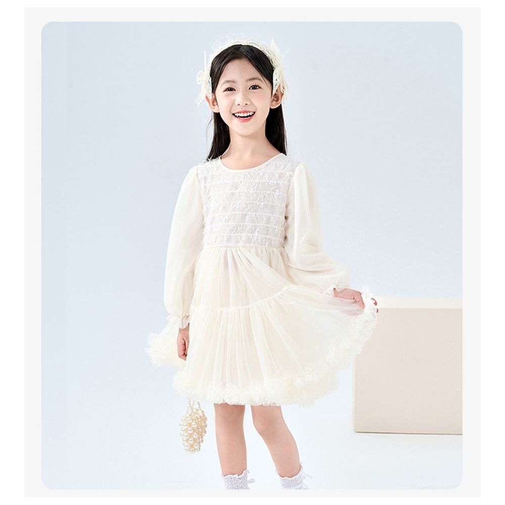 Sugar Rush - Round Neck Full Sleeves Party Dress - Cream