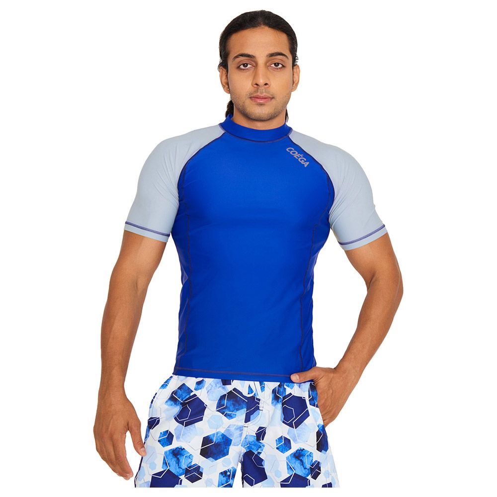 Coega Sunwear - Men's Short Sleeve Rashguard - Navy Watercolor Hexagons