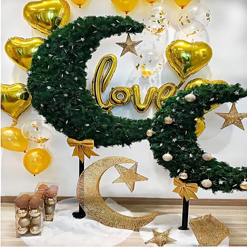 Homesmiths - Ramadan Crescent Moon Tree W/ Lights, Balls, Star & Bow - 90cm - Green