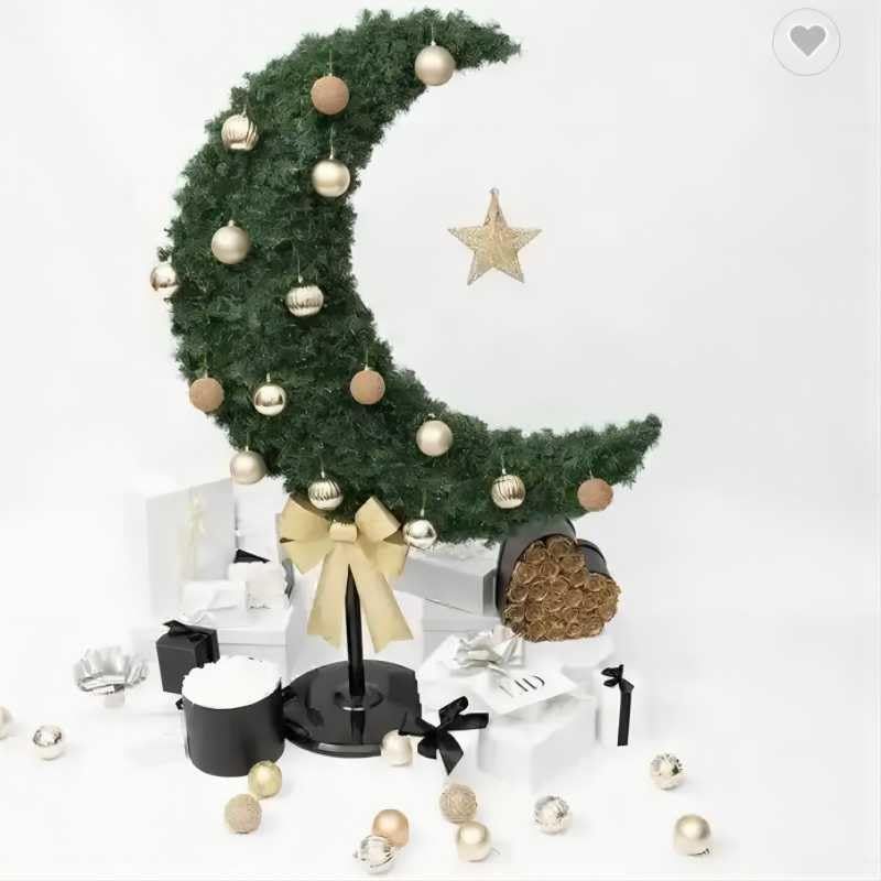 Homesmiths - Ramadan Crescent Moon Tree W/ Lights, Balls, Star & Bow - 90cm - Green