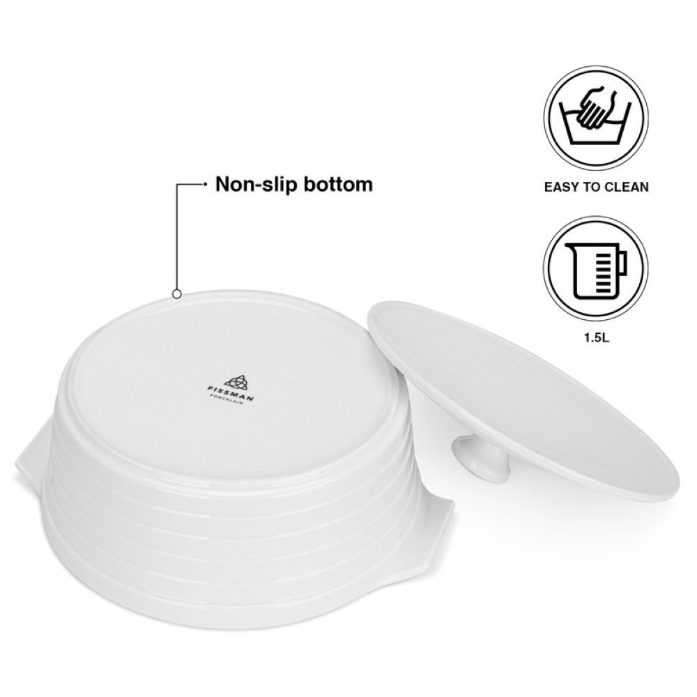 Fissman - Round Mini Baking Pot With Lid - White - 1.5 L