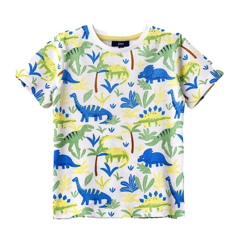 Boys' White Dinosaur Patterned Cotton T-Shirt