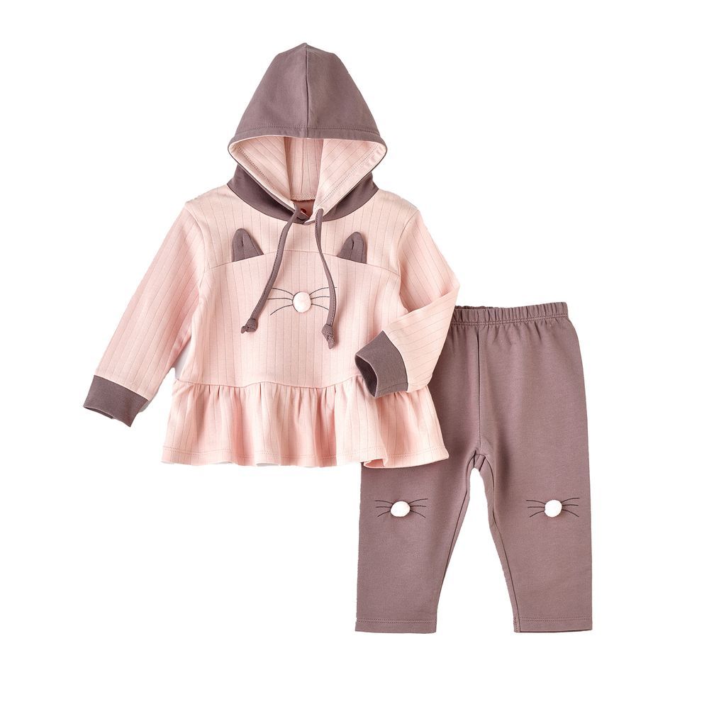 Elegant Kids - 2pc-Set - Girls' Cat Printed Hoodie And Leggings - Pink/Grey