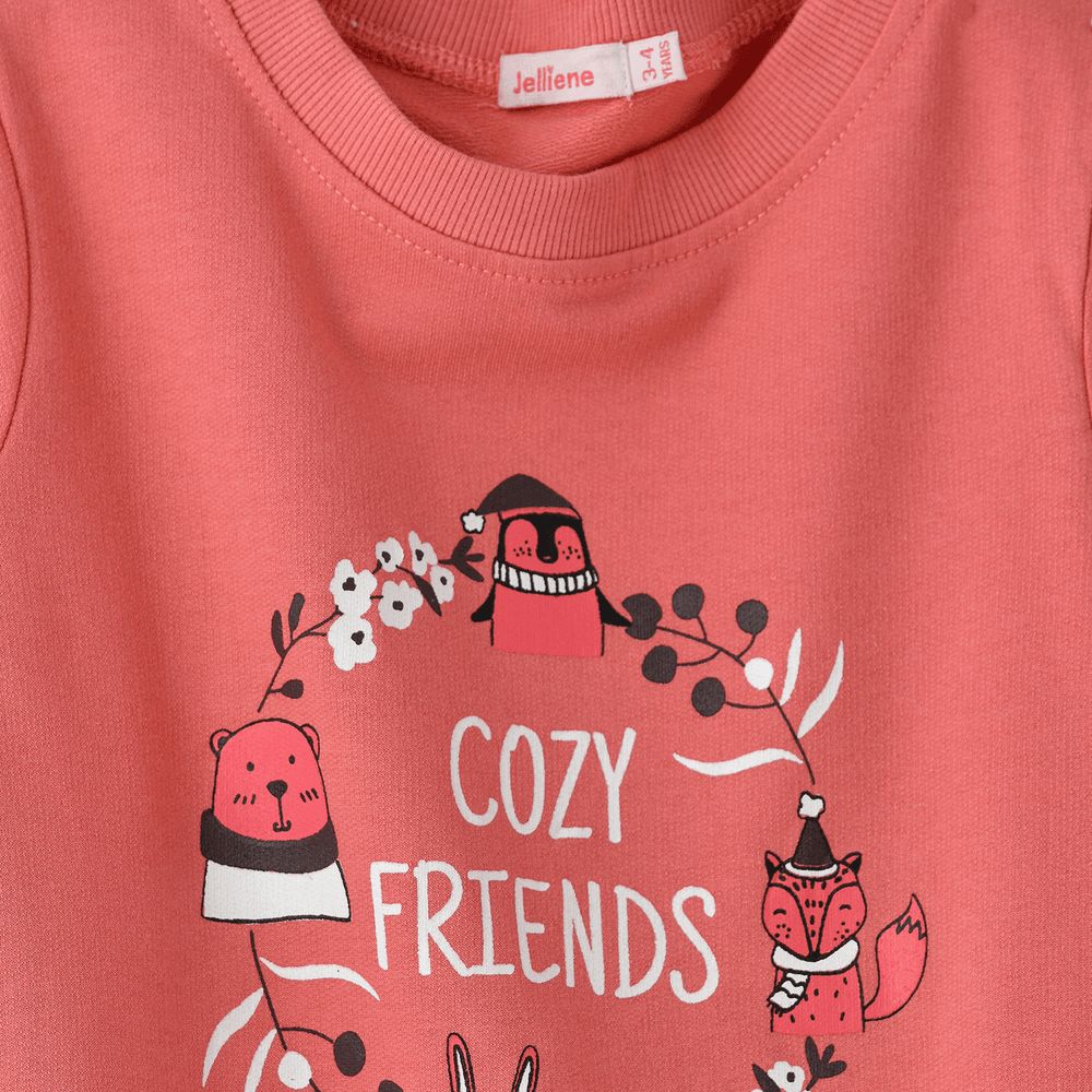 Jelliene - Girls' Cozy Friends Printed Sweatshirt - Coral