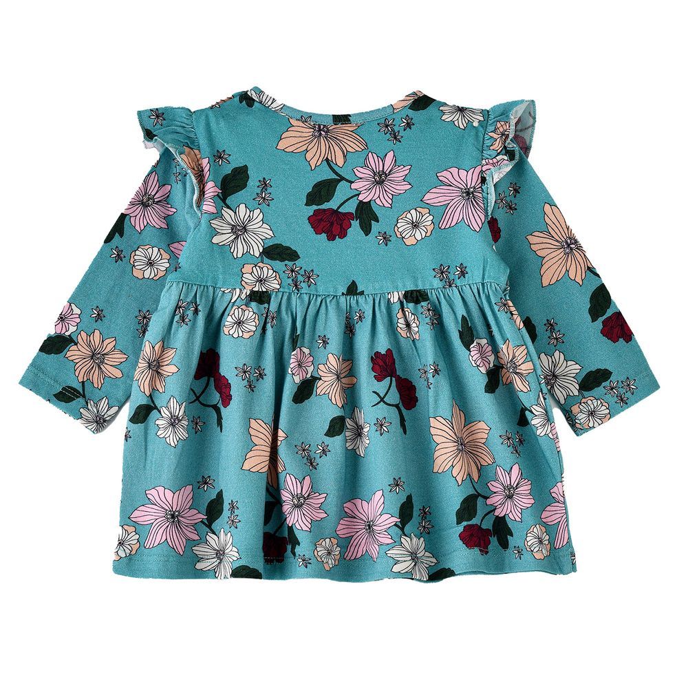 Jelliene - Girl's Floral Ruffle Long Sleeve Dress - Green