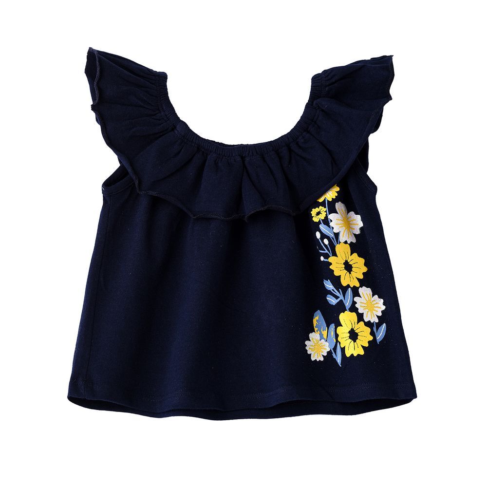 Jelliene - Infant Girl's Ruffled Cotton Top With Floral Embroidery - Navy Blue