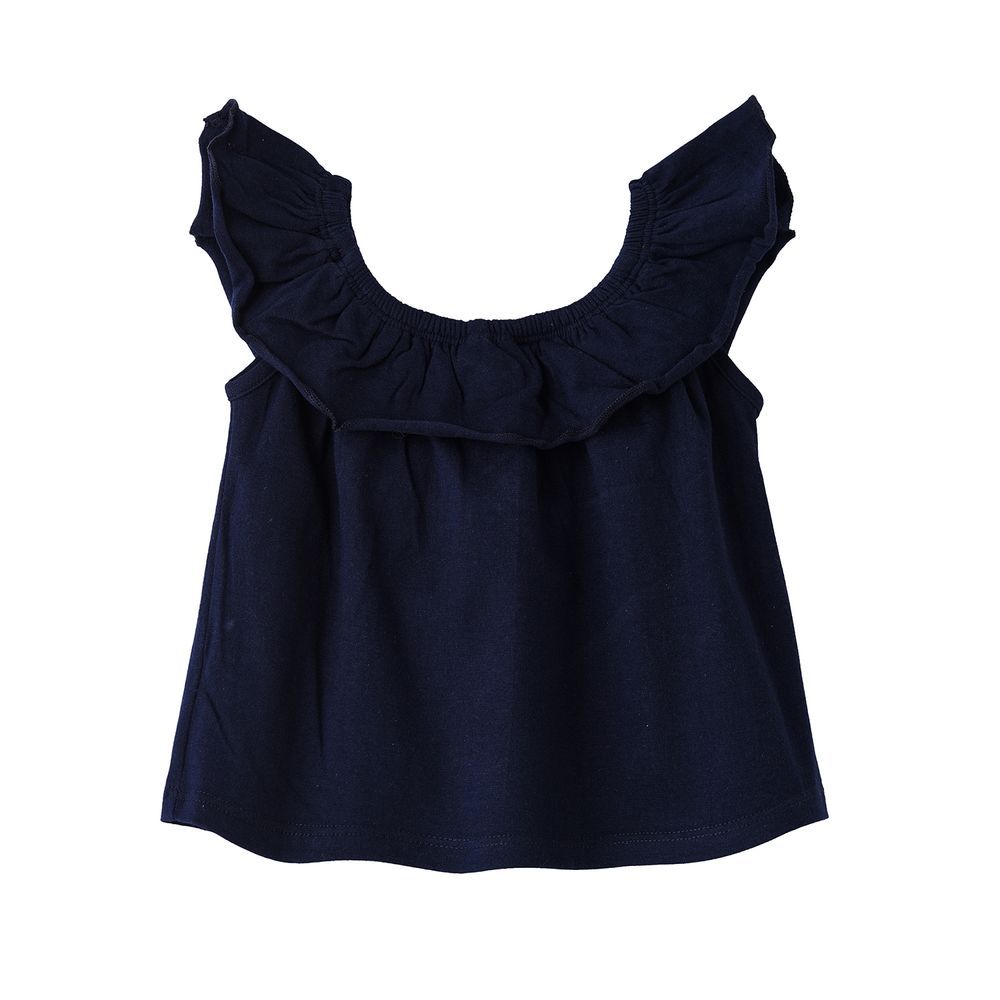 Jelliene - Infant Girl's Ruffled Cotton Top With Floral Embroidery - Navy Blue