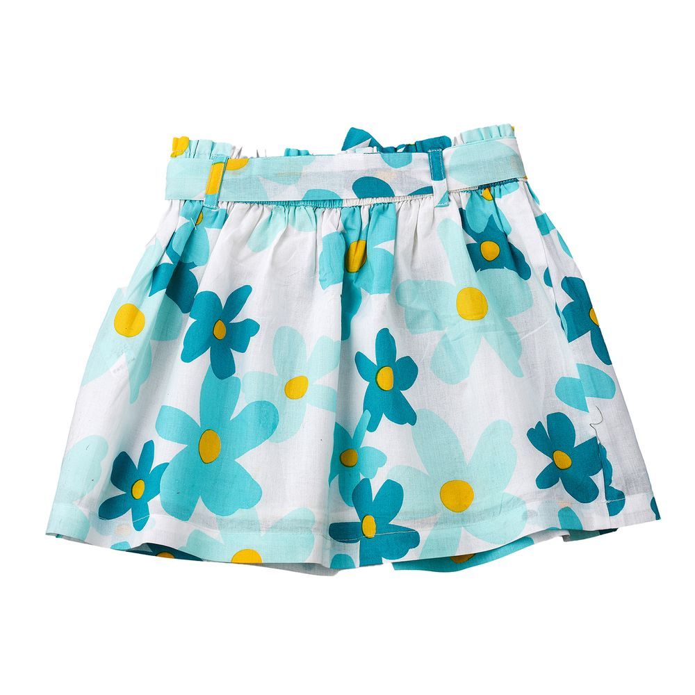 Jelliene - Aqua Floral Cotton Skirt With Tie Waist For Girls