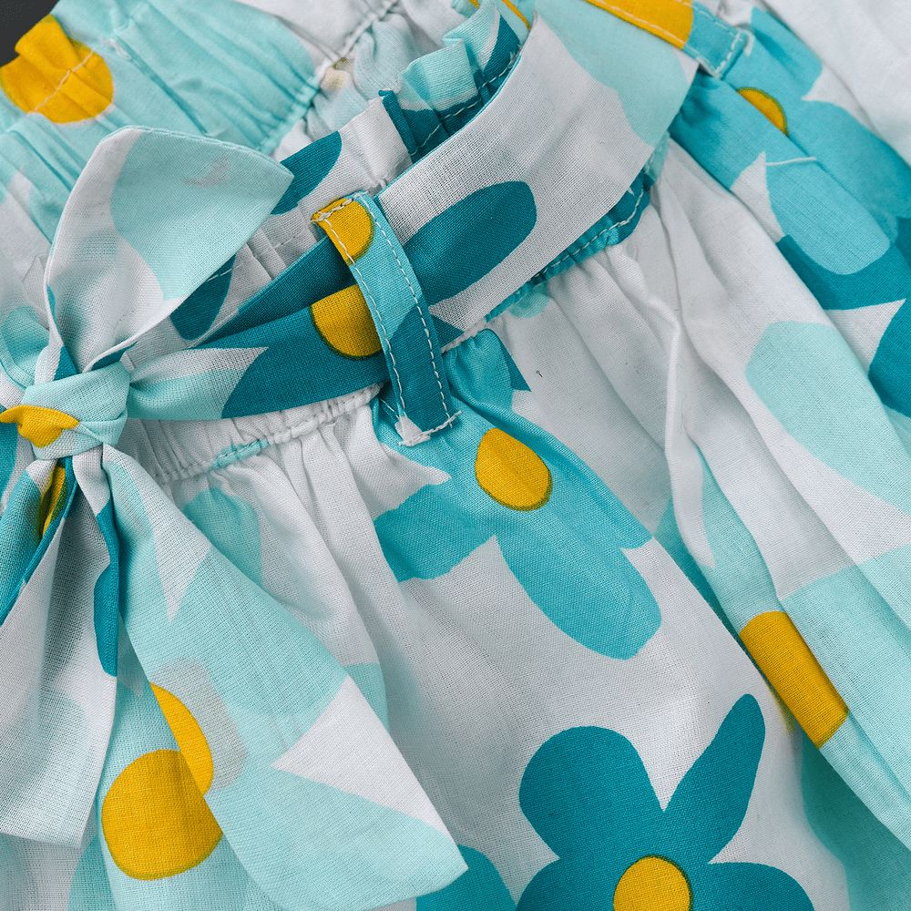 Jelliene - Aqua Floral Cotton Skirt With Tie Waist For Girls