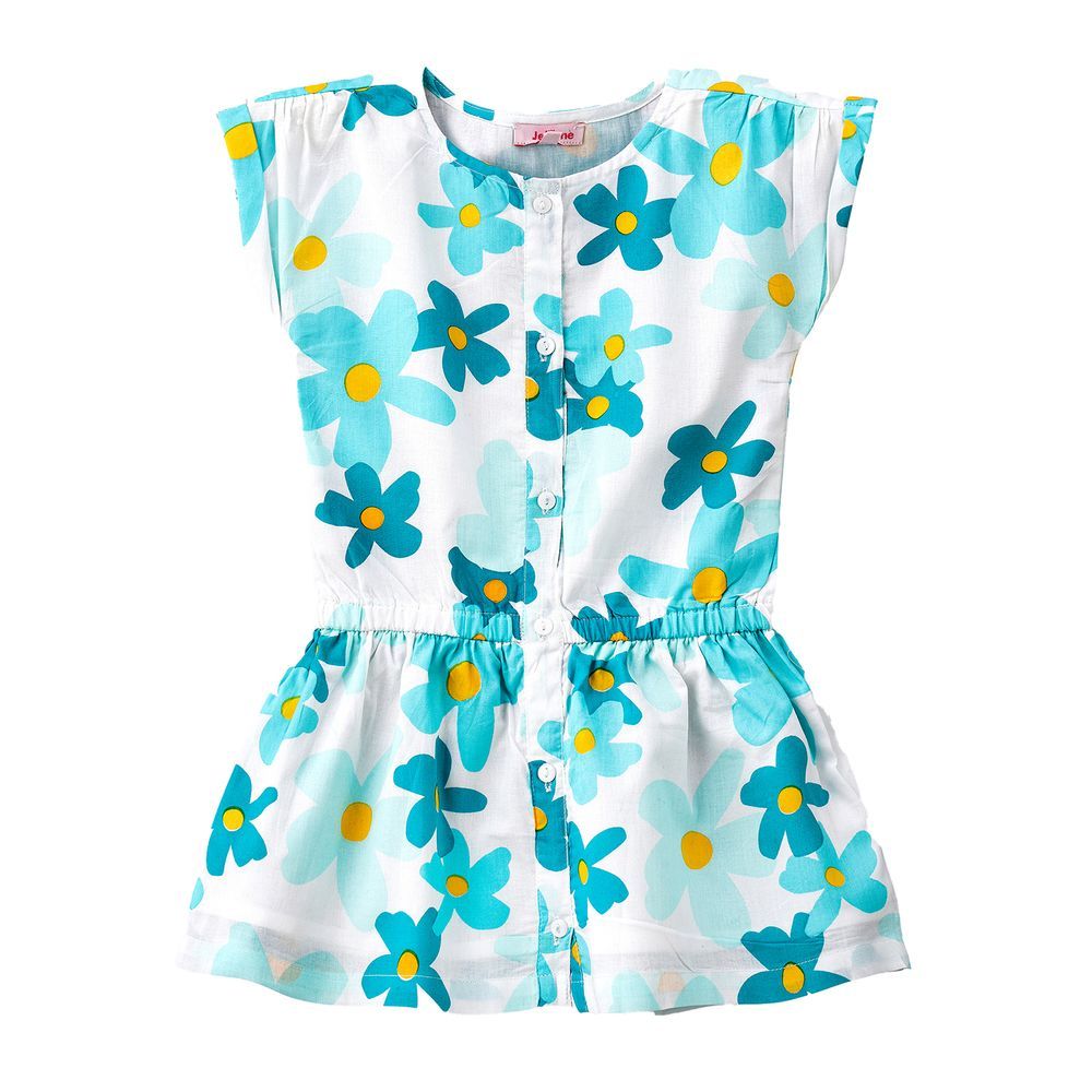 Jelliene - Aqua Floral Cotton Playsuit For Girls