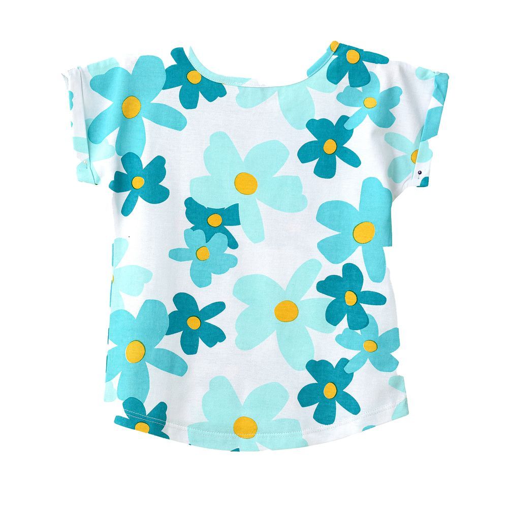 Jelliene - Aqua Blue Floral Cotton Tee For Girls