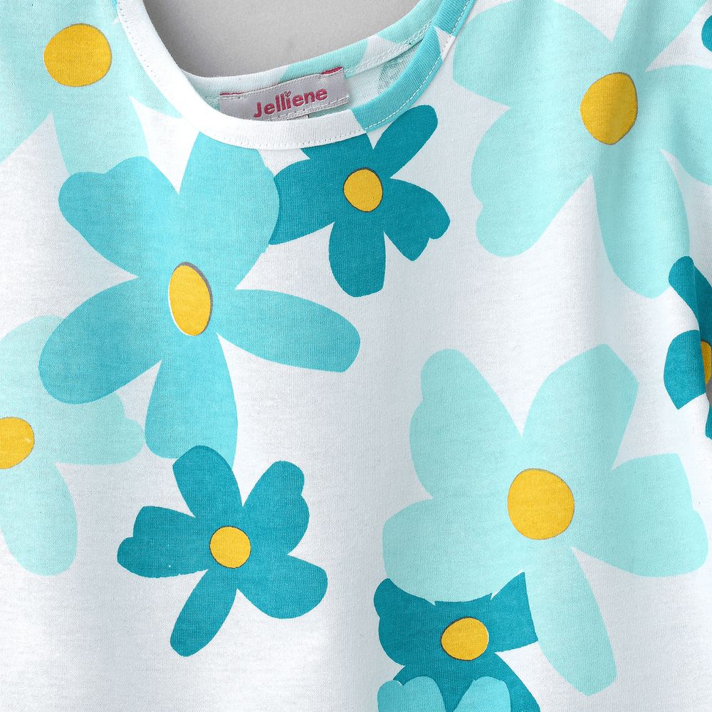 Jelliene - Aqua Blue Floral Cotton Tee For Girls