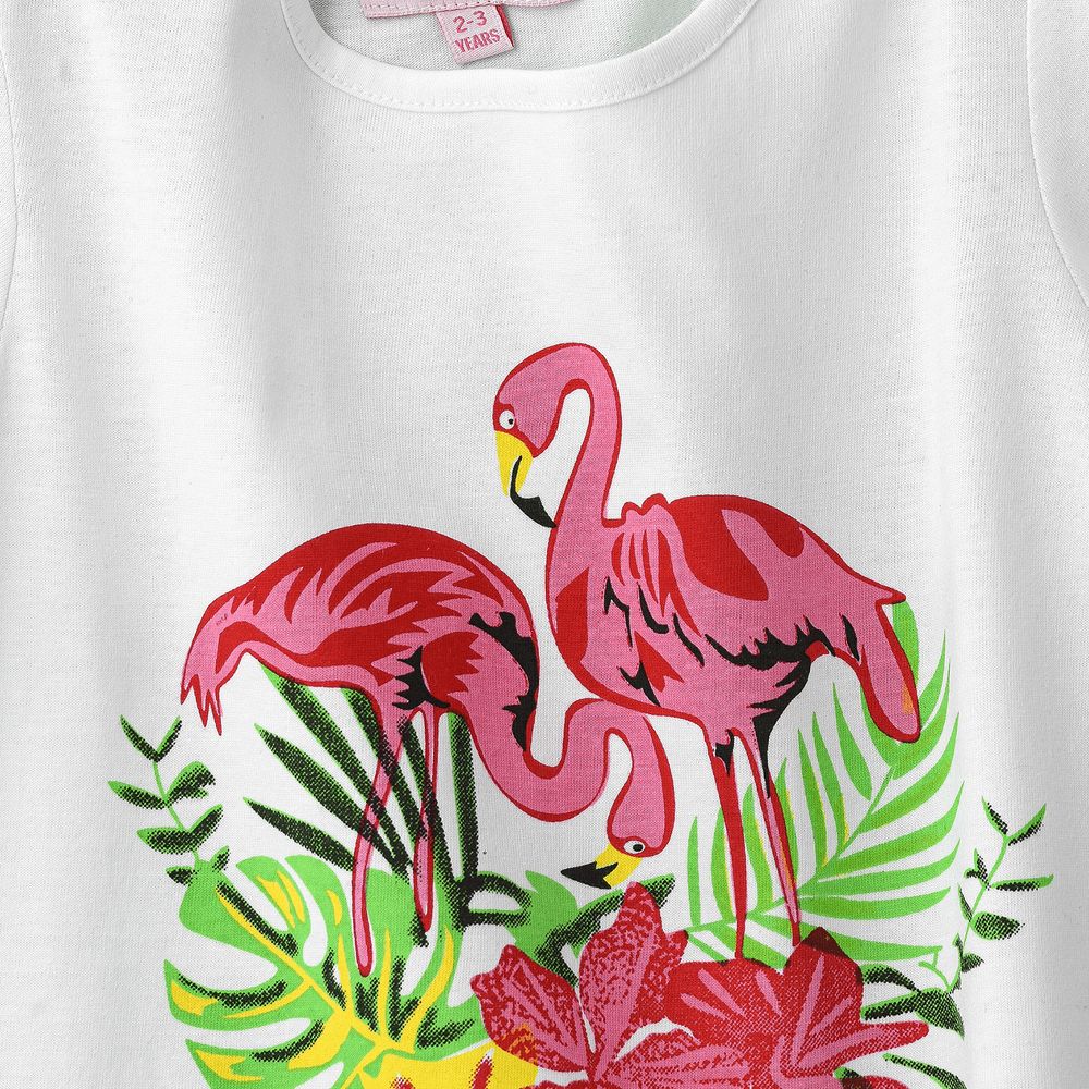 Jelliene - Girl's Hello Summer Flamingo Cotton Tee - White