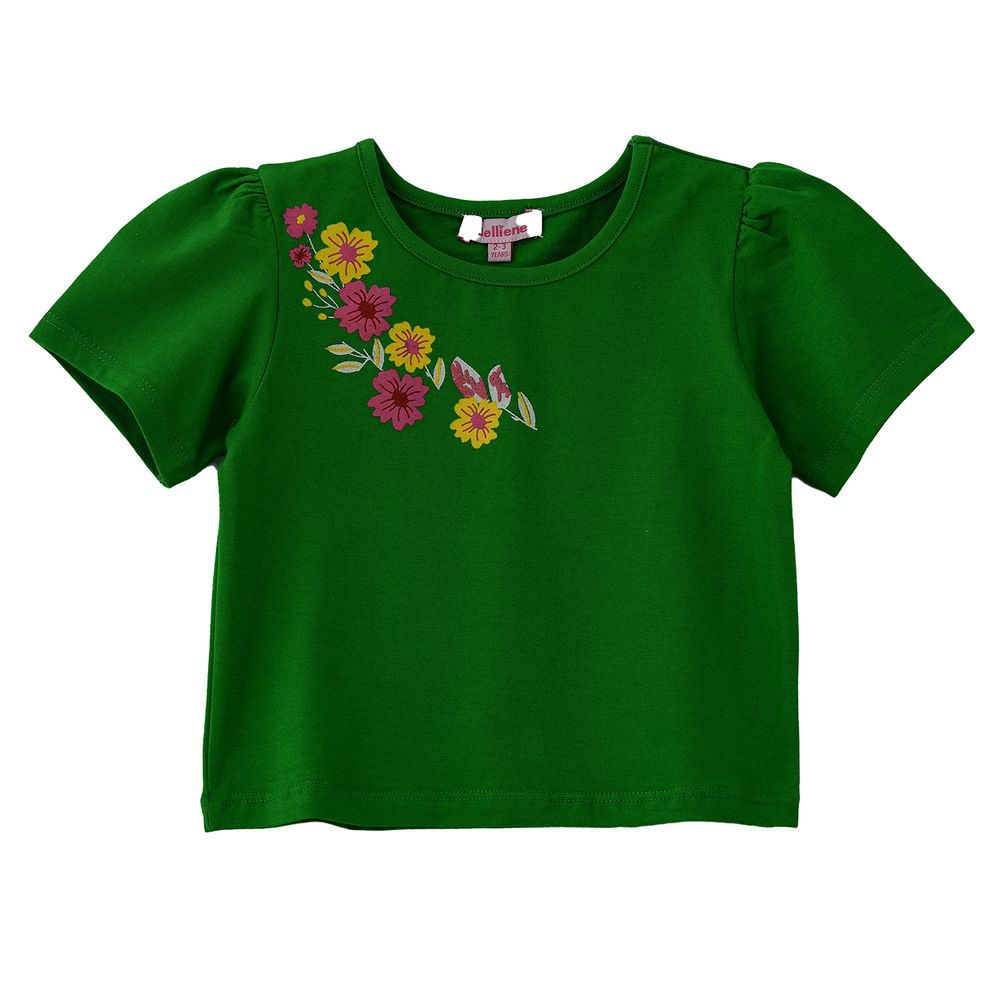 Jelliene - Girl's Vibrant Floral Cotton Tee - Green