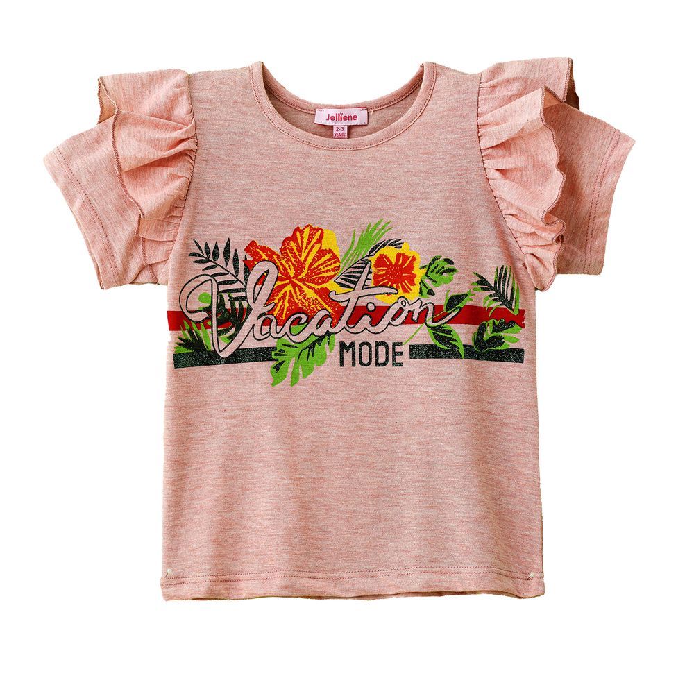 Jelliene - Girl's Tropical Vacation Mode Cotton Tee - Pink