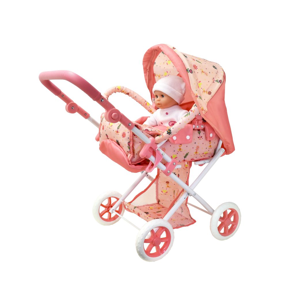 Dollsworld - Deluxe Folding Pram For Dolls - Pink