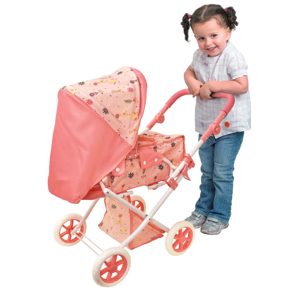 Dollsworld - Deluxe Folding Pram For Dolls - Pink