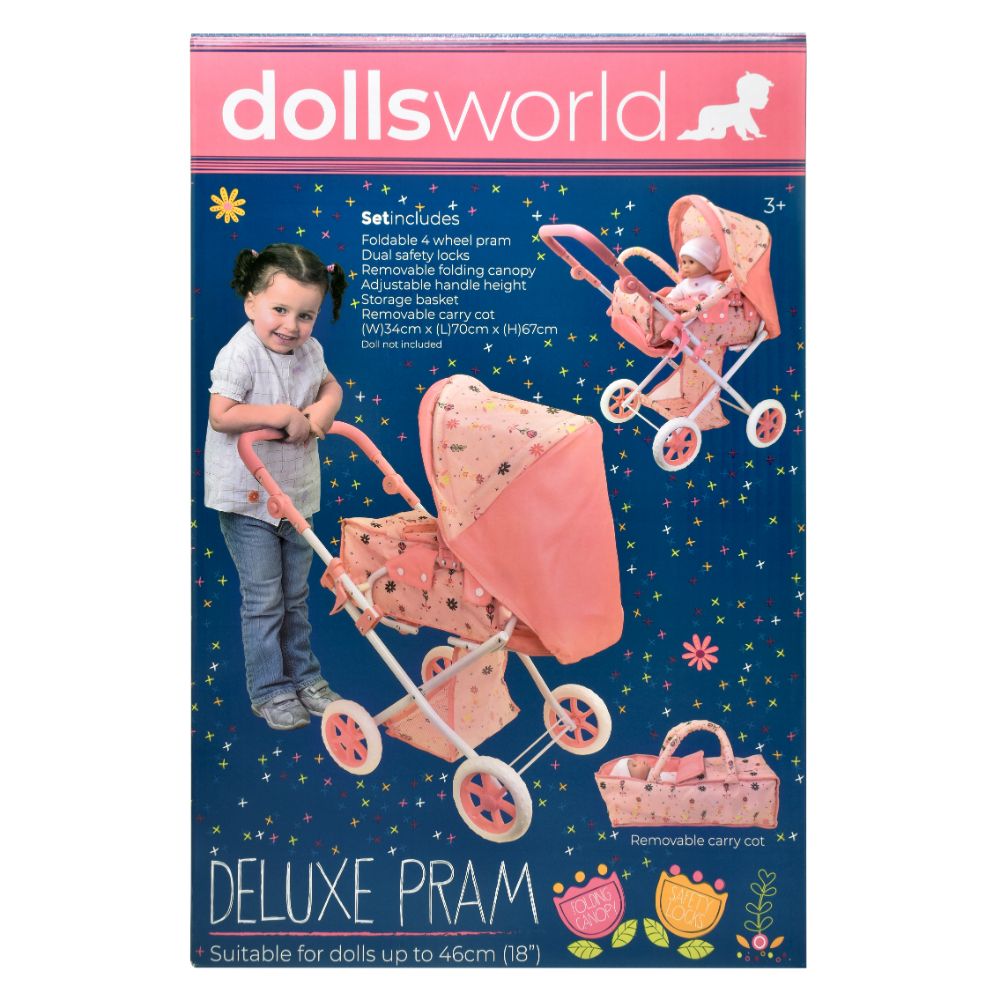 Dollsworld - Deluxe Folding Pram For Dolls - Pink