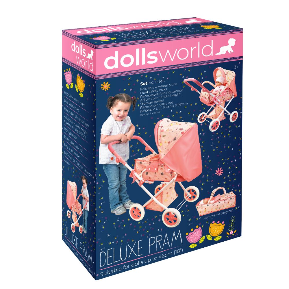 Dollsworld - Deluxe Folding Pram For Dolls - Pink