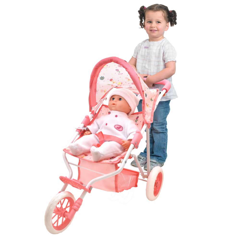 Dollsworld - Deluxe 3 Wheel Folding Stroller With Canopy And Basket For Dolls - Pink