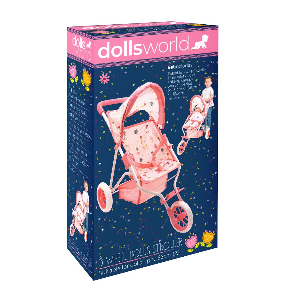 Dollsworld - Deluxe 3 Wheel Folding Stroller With Canopy And Basket For Dolls - Pink