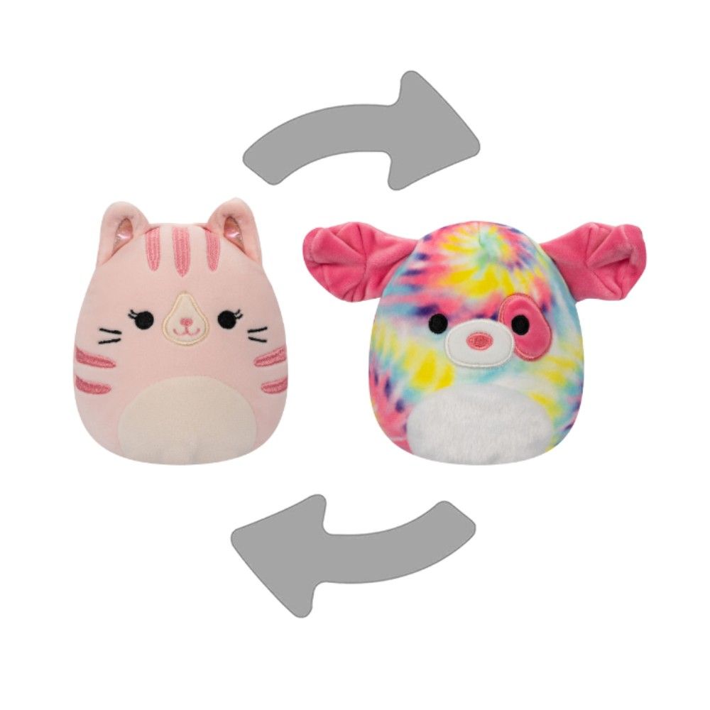 Squishmallows - Little Plush Flipamallows - Laura/Shena - Pink Tabby Cat/Rainbow Tie-Dye Dog - 5"