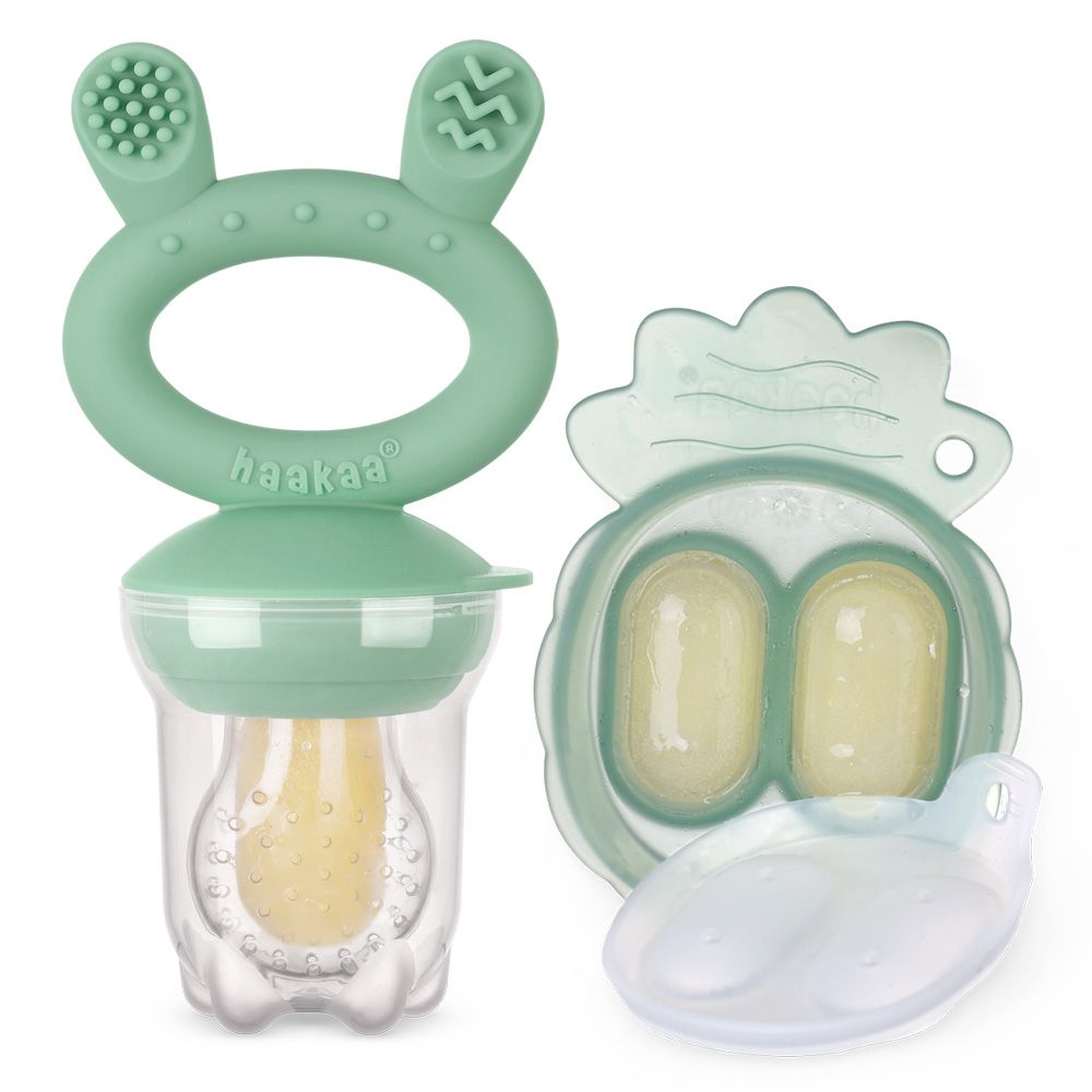 Haakaa - Freeze-N-Feed Fresh Food Feeder Teether And Nibble Tray Set - Pea Green - 2pcs