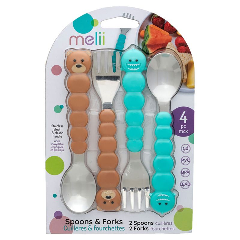 Melii - Spoons & Forks Set - 4pcs - Brown Bear & Turquoise Shark