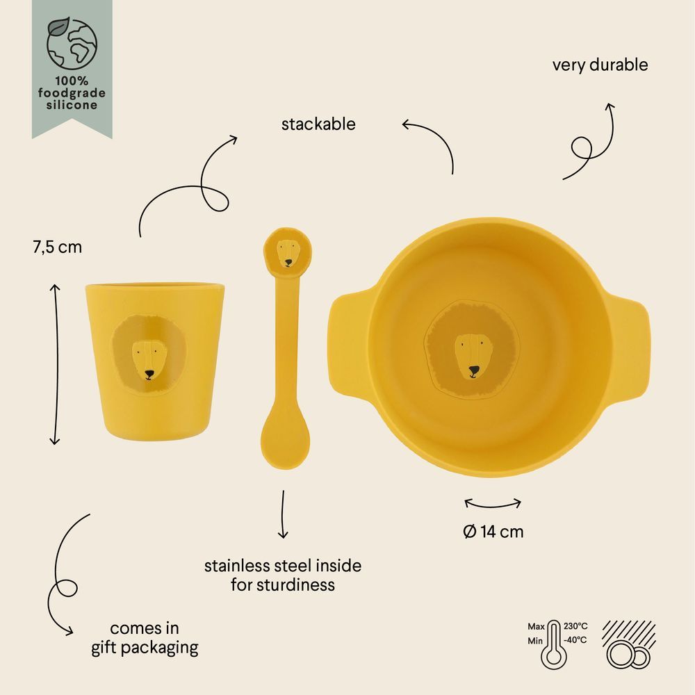 تريكسي - مجموعة سيليكون للوجبات الأولى - زبدية مع ملعقة وكوب - السيد أسد