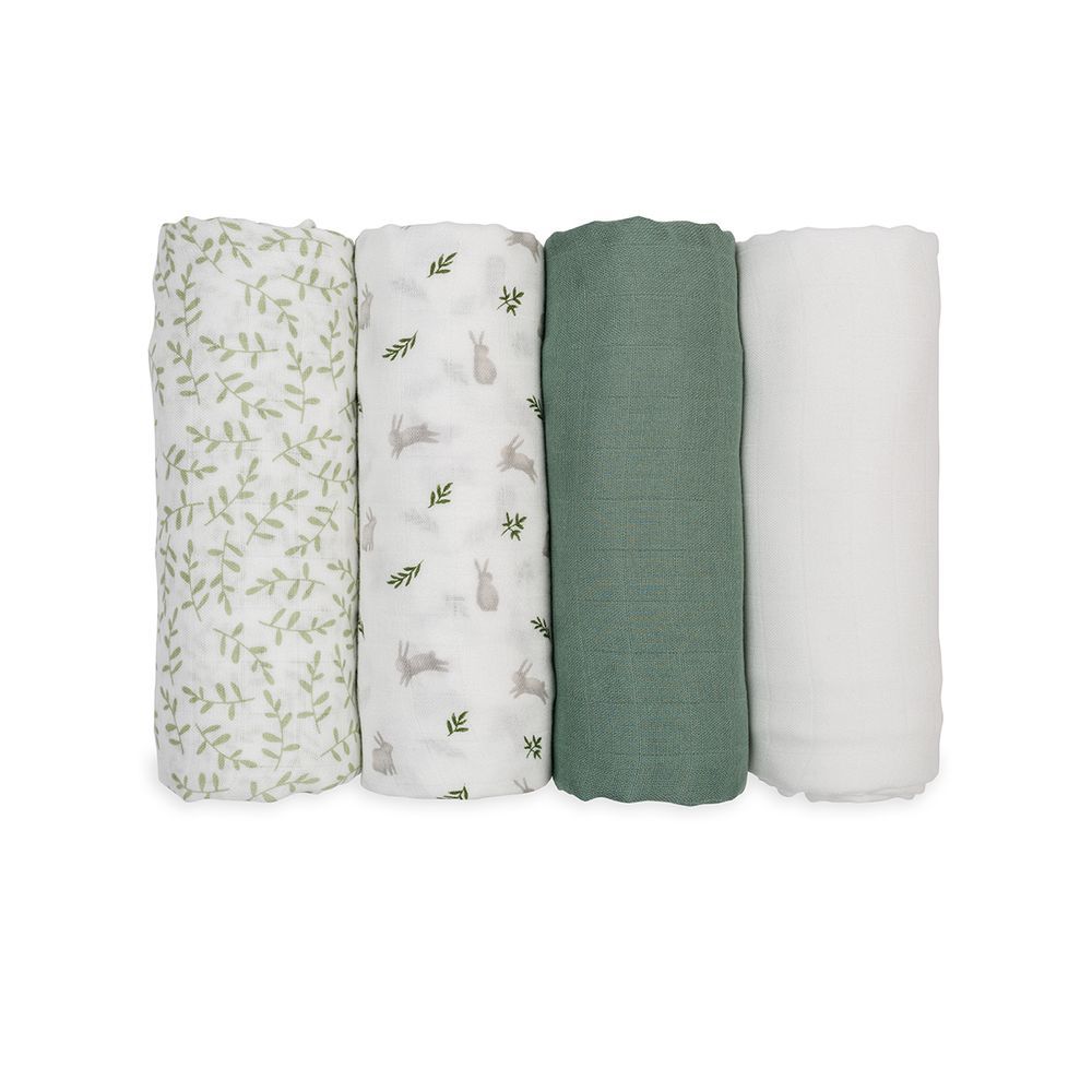 Lulujo - 4pc-Set - Bamboo Muslin Swaddle Blankets - Bunnies & Fern