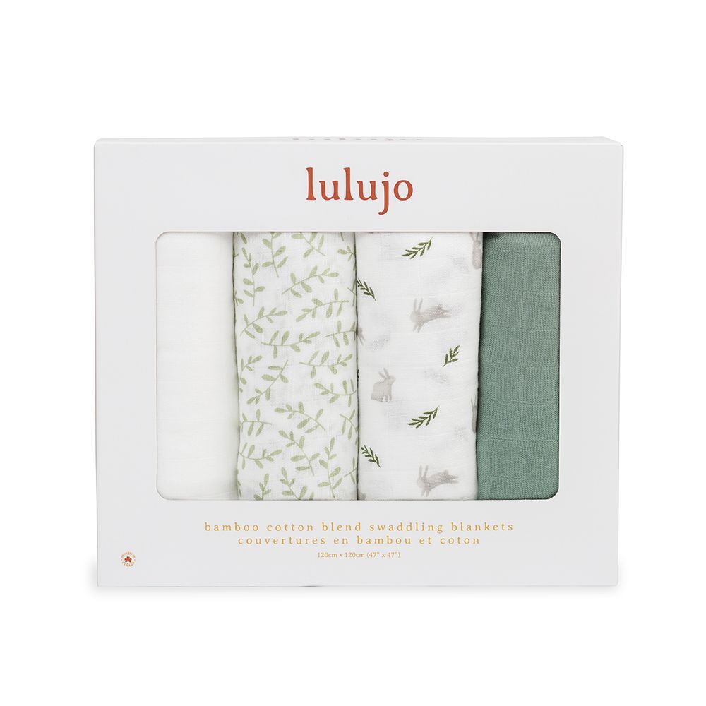 Lulujo - 4pc-Set - Bamboo Muslin Swaddle Blankets - Bunnies & Fern