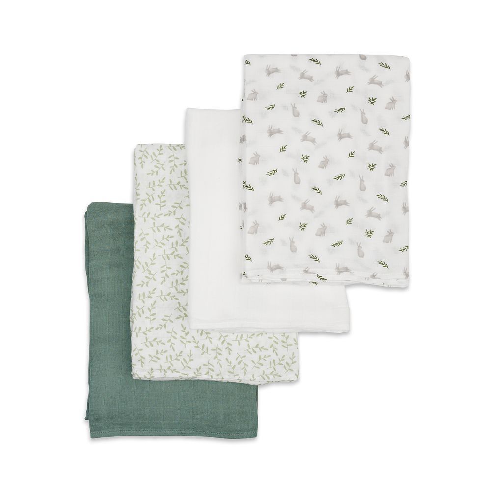 Lulujo - 4pc-Set - Bamboo Muslin Swaddle Blankets - Bunnies & Fern