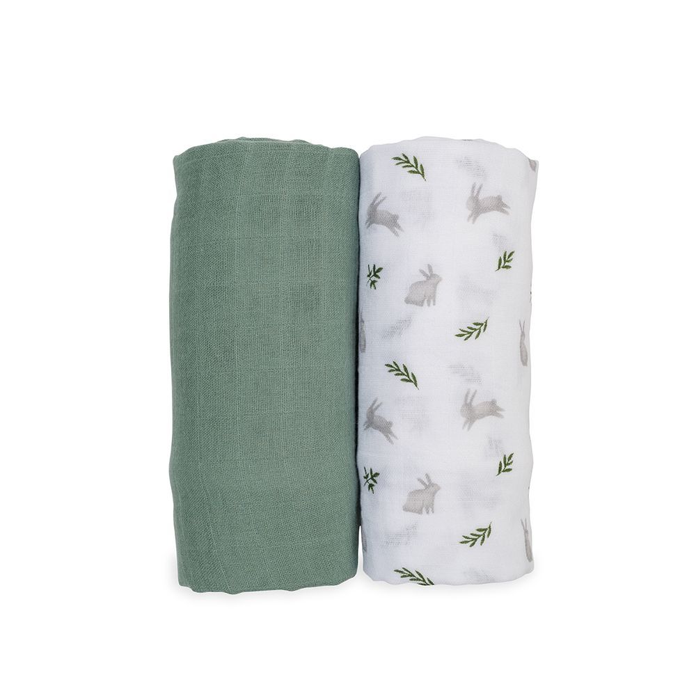 Lulujo - Cotton Swaddles - Bunny And Fern - 2 Pcs