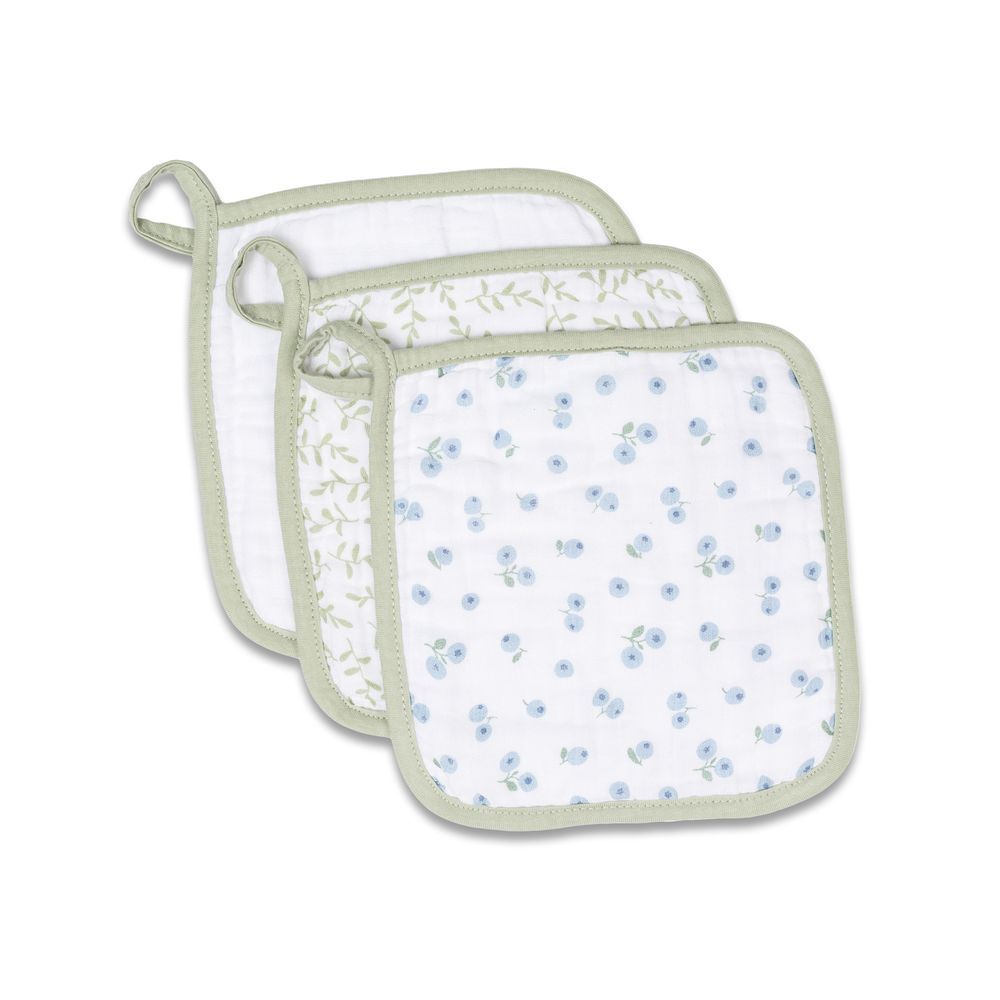 lulujo - Blueberries White & Greenery Wash Cloths  - 3 Pcs