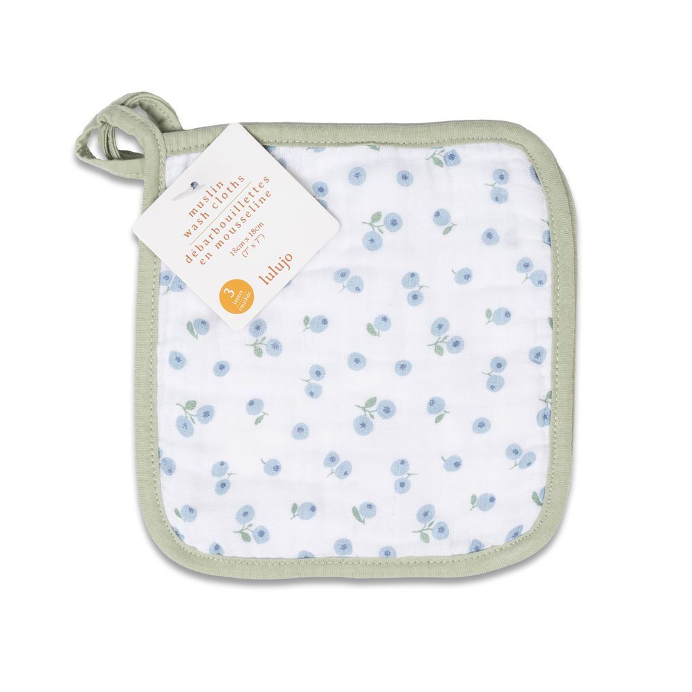 lulujo - Blueberries White & Greenery Wash Cloths  - 3 Pcs