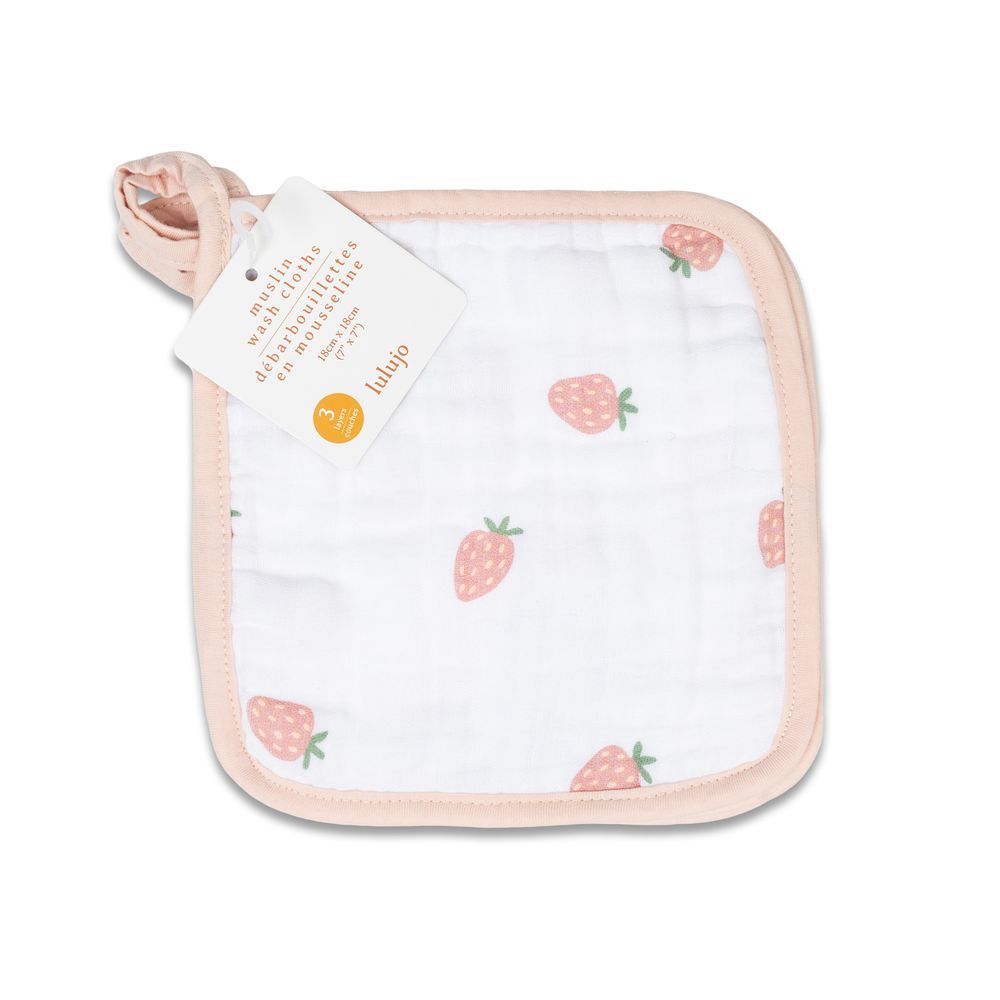 lulujo - Peaches White & Strawberries Wash Cloths - 3 Pcs