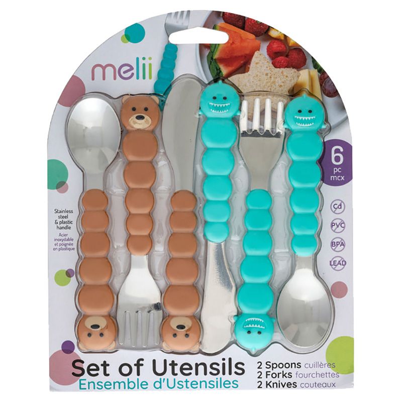 Melii - Utensil Set - 6pcs - Brown Bear & Blue Shark