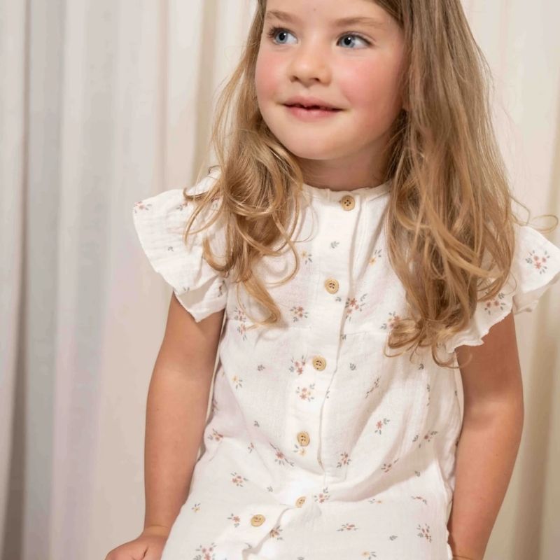 Little Dutch - Girl's Muslin Short Sleeve Dress - White Meadows