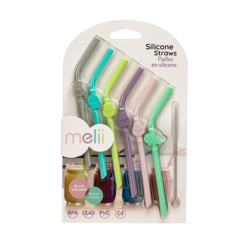 Melii - Silicone Straws w/ Cleaning Brush - 6pcs - Animals clip Design