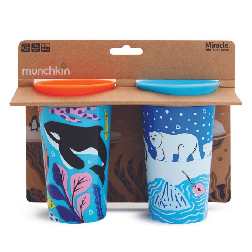 Munchkin - WildLove Miracle 360 Degree Toddler Cup 12m+ - 266ml - 2 Pack (Polar Bear/Orca)