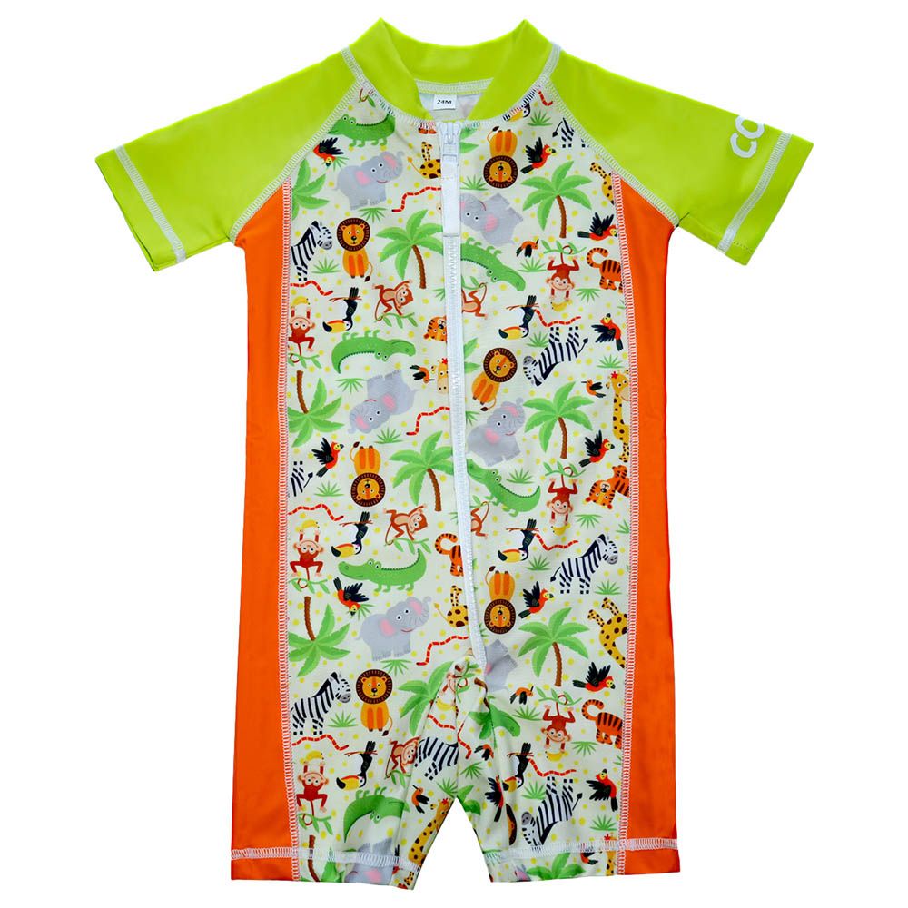 Coega Sunwear - Boys Baby Short Sleeves Swimsuit - Green Jungle Animals