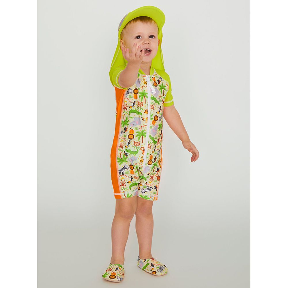 Coega Sunwear - Boys Baby Short Sleeves Swimsuit - Green Jungle Animals