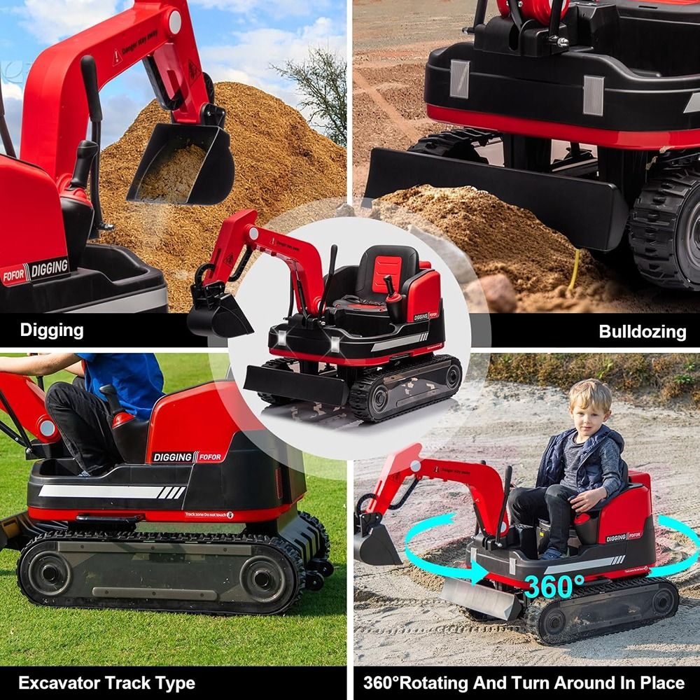 FACTUAL TOYS - Kids Ride On Excavator, 360° Multi-Terrain with Remote-Control 12V - Red